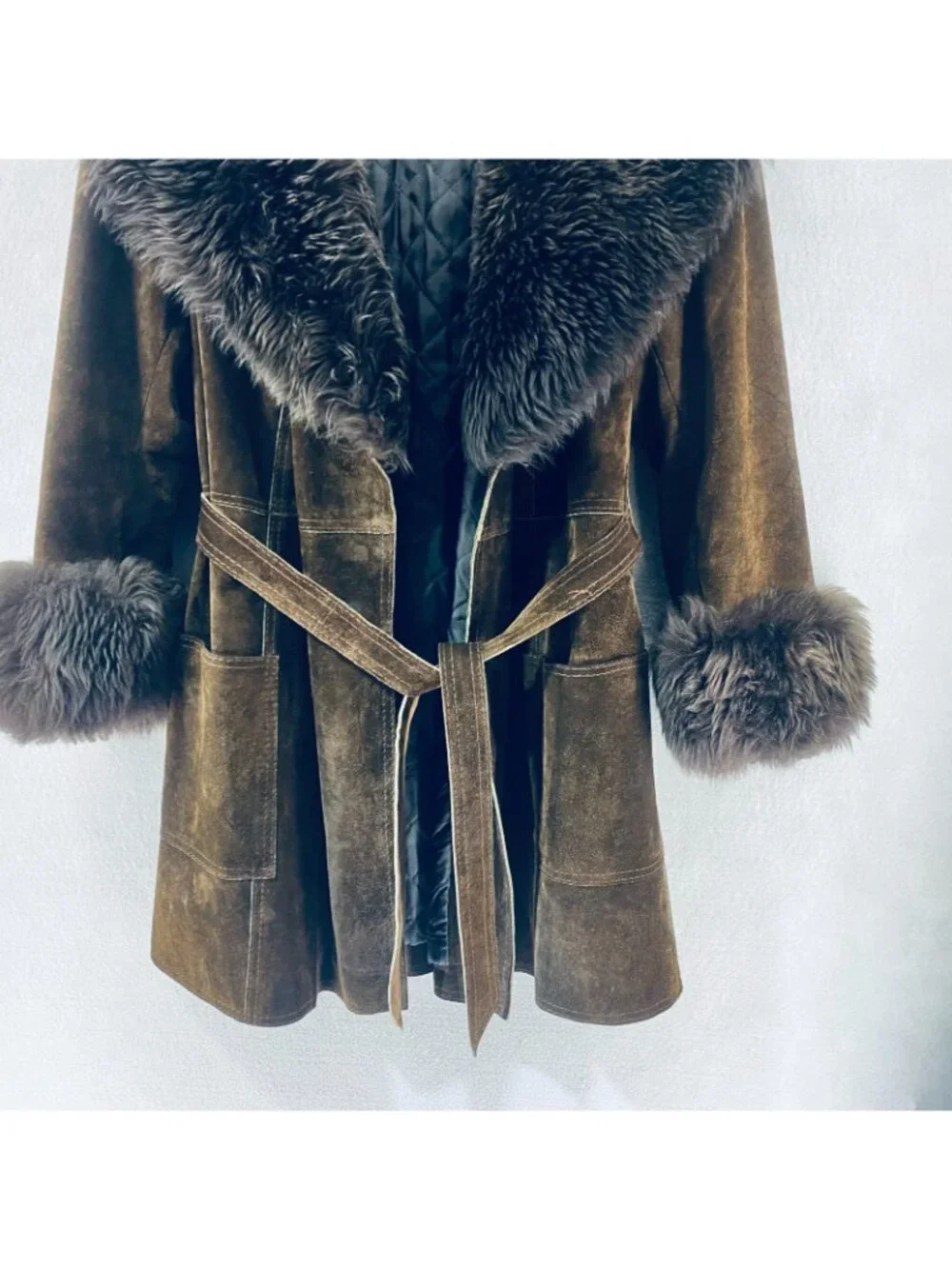 Vintage y2k Jacket Womens S Brown Suede Faux Fur Trim Belted Spain